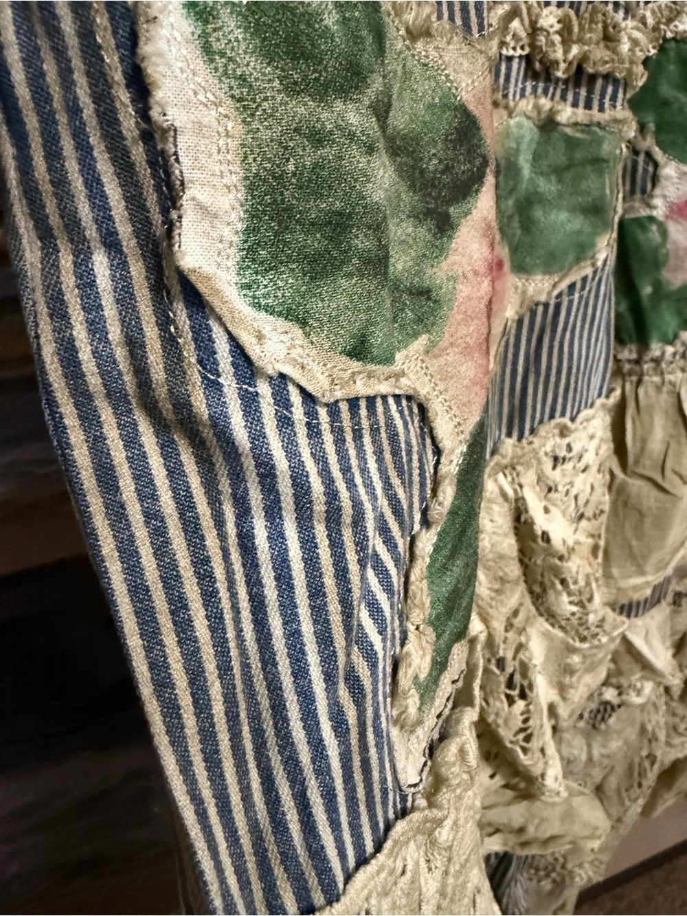 NWT A RARE BIRD Bohemian Vintage Rose Ticking High Waist Lace Denim Blue Stripe - Picture 7 of 16